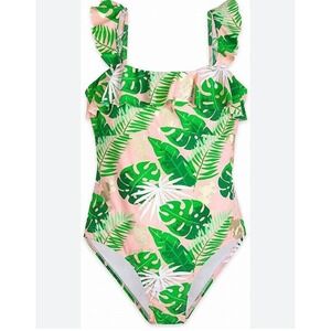 DISNEY Mickey Ruffle 1‎ Piece Womens Swimsuit Tropical Palm Gold Green Pink XL